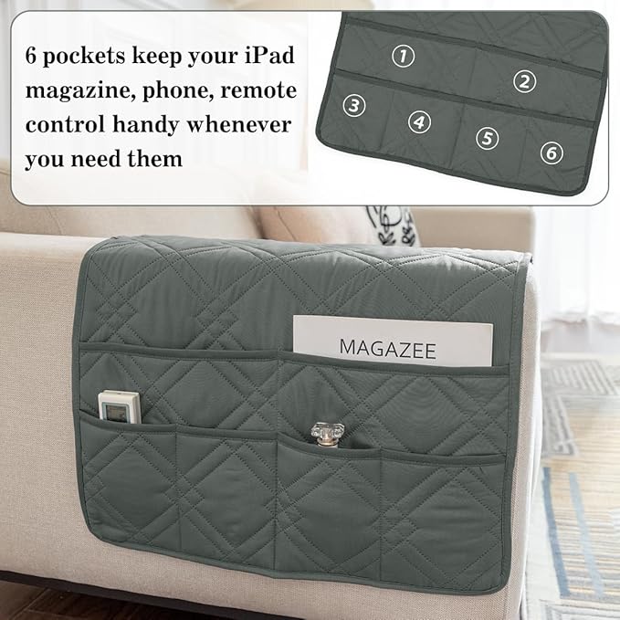 Couch Armrest Organizer Remote Control Holder Bedside Caddy with 6 Pockets, Non-Slip Armchair Caddy Sofa Armrest Organizer for Tv Remote Control, Magazine, Cell Phone, Dark Grey