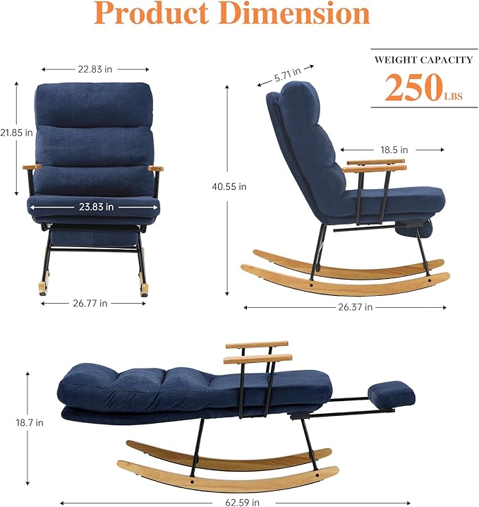 Rocking Chair with Footrest-Glider Rocker Chair with Retractable Footrest and Adjustable Backrest, Teddy Upholstered Rocking Chair, Modern Accent Chair for Living Room/Nursery/Bedroom/Outdoor-Blue