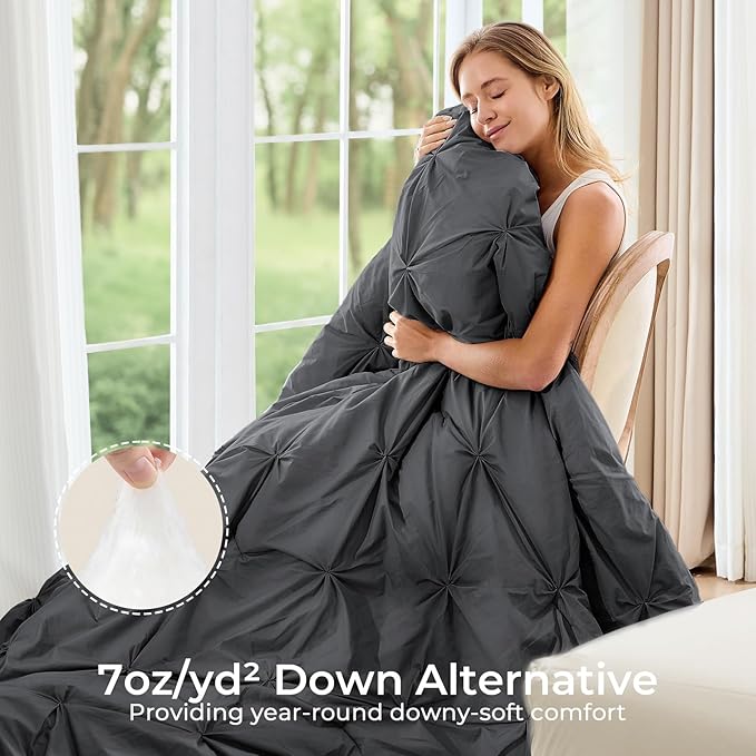 Sasttie King Size Comforter Set, 7-Piece Bed in a Bag, Pintuck Bedding Sets for All Season, Includes Comforter, Flat Sheet, Fitted Sheet, Pillowcases and Pillowshams, Dark Grey