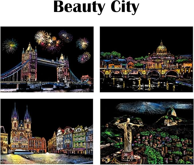 Georgie Porgy Scratch Paper Art A4 Set for Kids Adults Magic Rainbow Scratch Postcards Boards for DIY Arts and Crafts Kits Christmas Birthday Gift with Scratching Tools Kit (Beauty+Fireworks City)