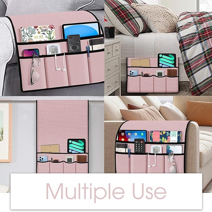 Joywell Remote Holder for Recliner Armchair Caddy Couch Armrest Non Slip Sofa Arm Chair Caddie with 6 Pocket for Magazine, Tablet, Phone, iPad, Think Linen, Pink