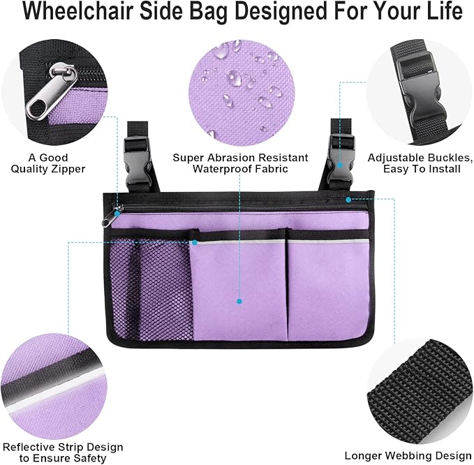 Wheelchair Side Bag, Armrest Storage Pouch with Cup Holder and Reflective Strip Use of Waterproof Fabric, for Most Wheelchairs, Walkers or Rollators (Purple)