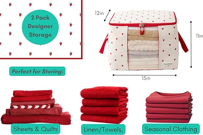 Canvas Storage Bags Designer Organizer 2 Pack – Seasonal Storage for Sweaters, Blankets, Linens & Garments – Foldable Design with Zip & Window, Moth-Proof Space Saver, Strawberry Print