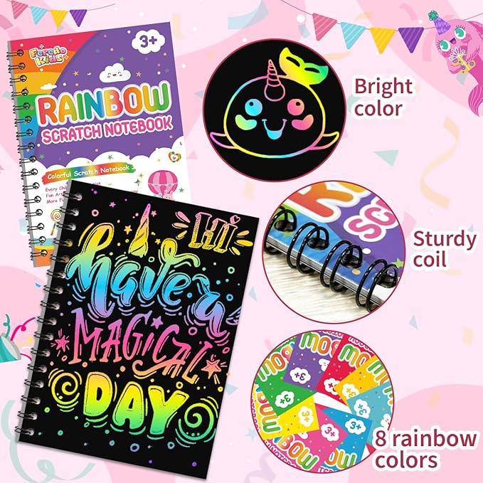 Kids Art Party Favors Gifts: 16 Pack Rainbow Scratch Art Notebook Paper Birthday Party Favor Toy Girls Boys Art Craft Kit Bulk Classroom Goodie Bags Gift Stocking Stuffers Halloween