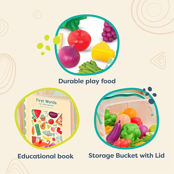 B. toys- Foodie Fun- Pretend Play Food & Board Book Set – 32 Pieces of Play Food – Educational Book for Toddlers – Storage Bucket with Lid – 2 Years +