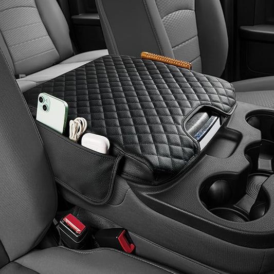 JOYTUTUS Center Console Cover Compatible with 2013-2018 Ram 1500 & 2013-2026 Ram 2500/3500/1500 Classic Model Jump Seat, Leather Arm Rest Armrest Cover for Car, Middle Console Cover Lid, with 2 Pocket