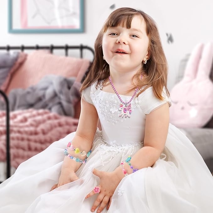 Kids Jewelry for Little Girls Ages 4-6, Unicorn Play Necklace Bracelets Rings for Toddlers Girls 3-5 6-8, Childrens Costume Dress Up Jewelry Set, Princess Gifts for 3 4 5 7 6 8 Year Old Party Favor