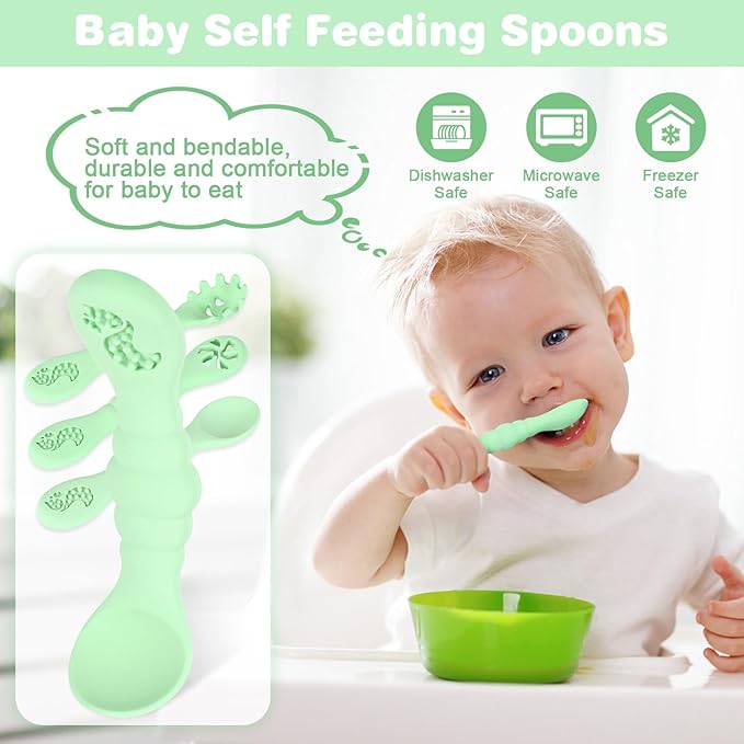 Silicone Baby Spoons Self Feeding 6+ Months 3PCS Toddler Forks and Spoons Utensils Baby Led Weaning Teething Spoon Infant Spoons First Stage Newborn Baby Essentials Baby Gifts(Green)