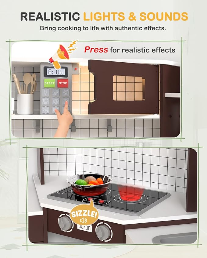 Babytronic Corner Wooden Play Kitchen Set for Kids w/Lights & Sounds, Pretend Play Kitchen Playset with Stove, Microwave, Ice Maker & Accessories, Perfect for Toddlers & Multiple Children (Coffee)