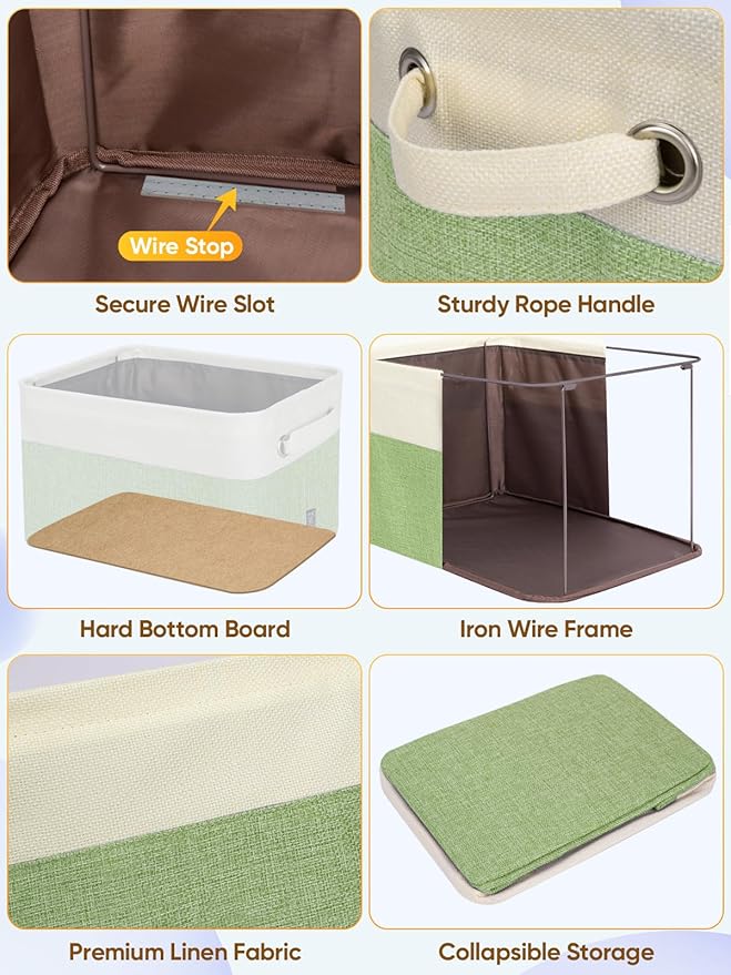 BALEINE 3 Pack Fabric Storage Bins for Shelves, Linen Storage Baskets for Organizing, Decorative Closet Bins for Clothes, Home (Green, 12"x8"x8")