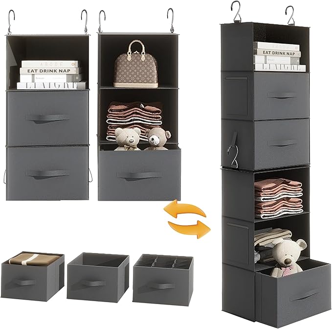 Twira 6-Shelf Hanging Closet Organizer, 2 Separable 3-Shelf Hanging Shelves, Hanging Storage with 3 Removanle Drawers 4 Side Pockets for Wardrobe, Nursery, Drom, Baby Clothes Organization Dark Grey