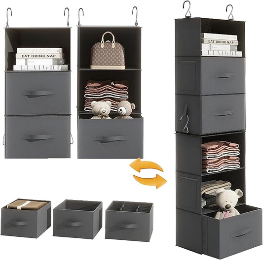 Twira 6-Shelf Hanging Closet Organizer, 2 Separable 3-Shelf Hanging Shelves, Hanging Storage with 3 Removanle Drawers 4 Side Pockets for Wardrobe, Nursery, Drom, Baby Clothes Organization Dark Grey