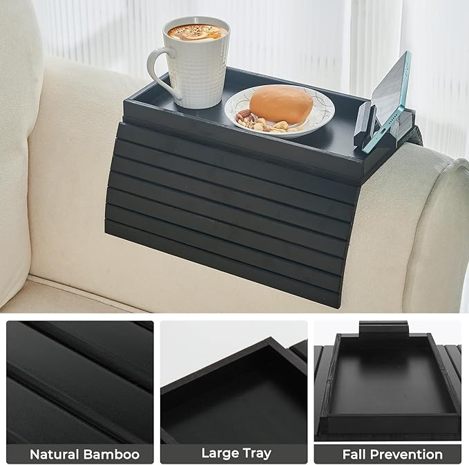 Bamboo Sofa Arm Tray Armrest Table with 360° Rotating Phone Holder, Anti Falling Couch Arm Tray, Foldable and Portable Sofa Armrest Cup Holder for Drink,Cups, Phone, Snacks, Remote
