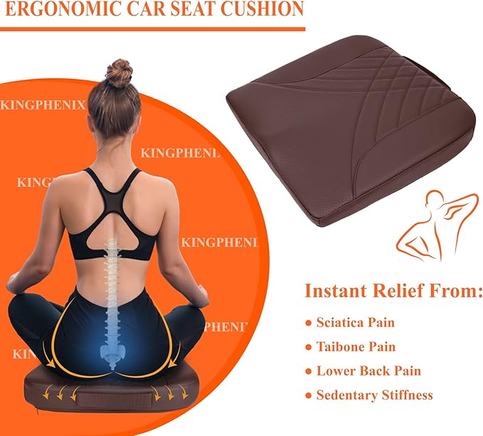 kingphenix Premium Car Seat Cushion, Memory Foam Driver Seat Cushion to Improve Driving View- Coccyx & Lower Back Pain Relief - Seat Cushion for Car, Truck, Office Chair (Leather Brown)