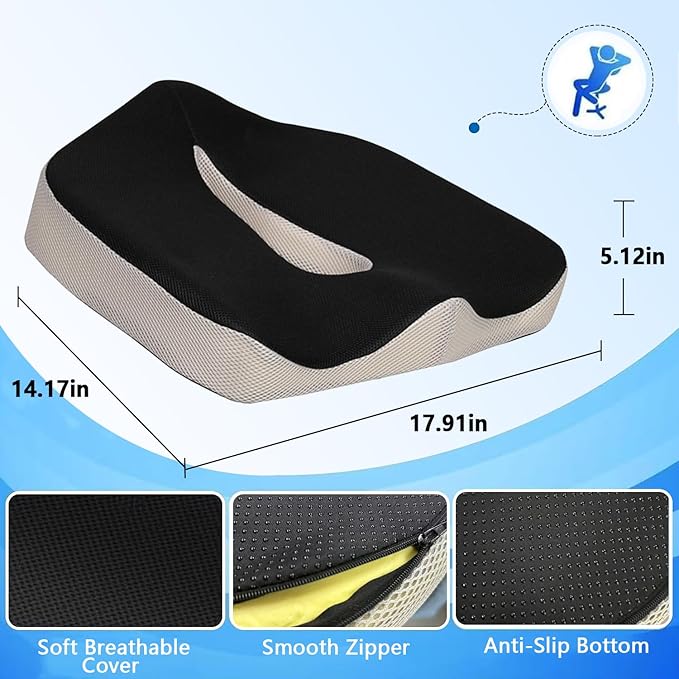 Seat Cushion for Tailbone Pain Relief, Memory Foam Coccyx Cushion for Office Chair & Car, Ergonomic Chair Pad with Non-Slip Cover & Handle, Sciatica Relief for Gaming Chair, Wheelchai