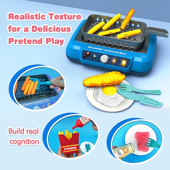 Cooking Simulator Toy with Color Changing Accessories, 20 PCS Fun Frying Kit Gourmet Cooking Box, Magic Fry Simulation Cooking Toy with Sound & Light & Bubble Grill Surface for Kids 3-8-Blue
