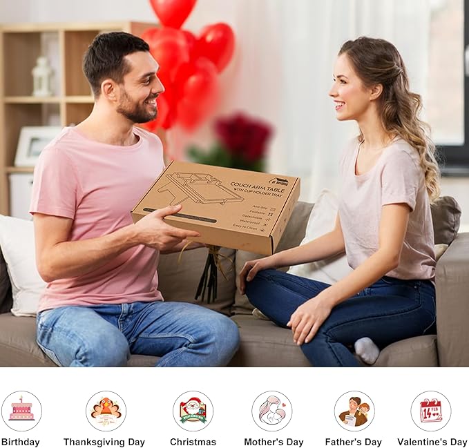 Bamboo Couch Cup Holder Tray - 2 in 1 Couch Armrest Table with Be Slide-Away Detachable Double Holder - Foldable Sofa Armchair Caddy for Drinking Snacks iPad TV Remote (Black)