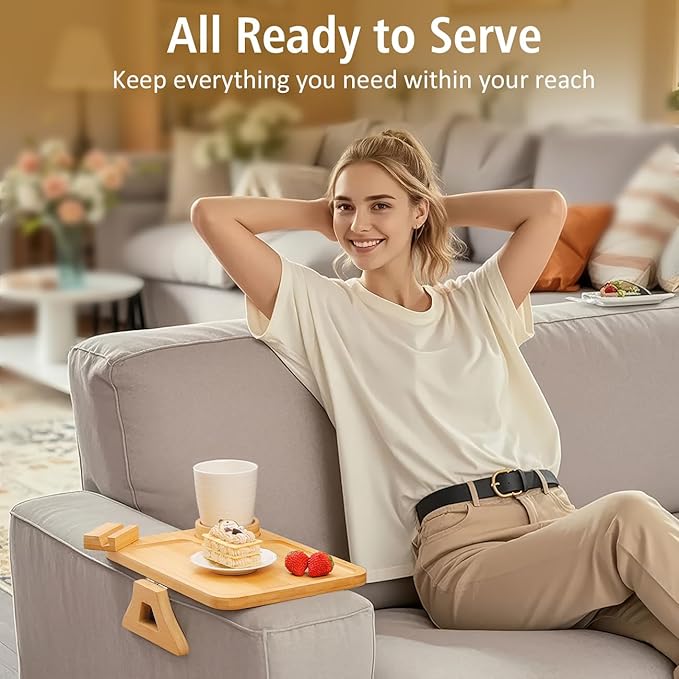 Couch Arm Tray, Couch Arm Table with 360° Rotating Phone Holder & Cup Holder, Sofa Arm Tray for Easy Access, Couch Cup Holder for Snacks, Phone, Control, Cups