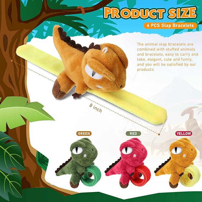 Leyndo Animal Slap Bracelets Stuffed Animal, Stuffed Animal Plush Slap Bracelets Bulk Kids Toys, 8 Inches (Dinosaur,6 Pcs)
