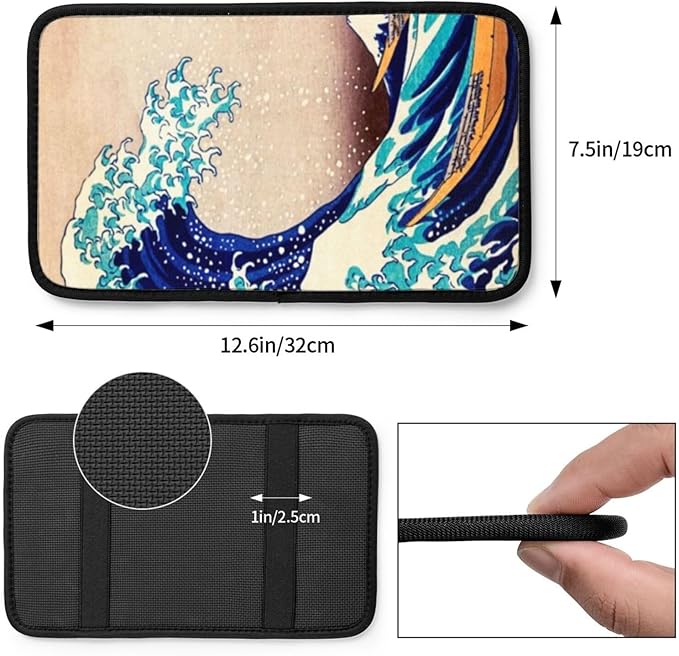 DORKEIXIA Japan Kanagawa Great Wave Auto Center Console Armrest Pad Universal Car Center Console Cover Seat Box Cover for Sedan, Van, SUV, Truck Car Accessorie