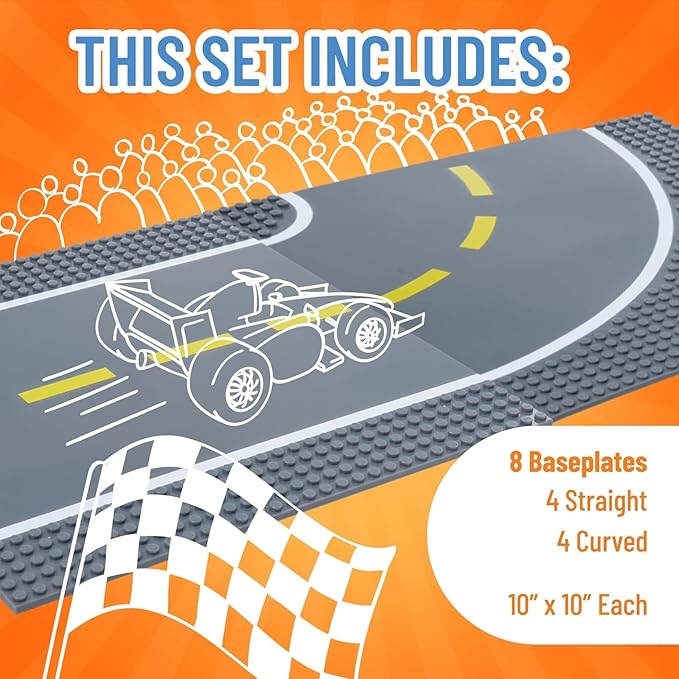 Strictly Briks Compatible with Lego Building Blocks Road Plates 10" x 10", 8 Pack Kids Brick Baseplates for City Road, Street, Race Track, Towns, Classic Size (4 Straight & 4 Curved)