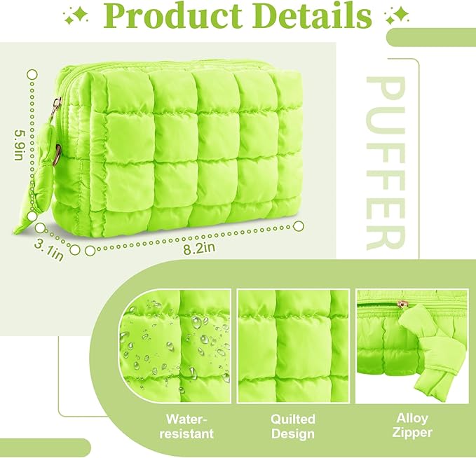 Puffer Quilted Makeup Bag Cosmetic Bags,Puffy Travel Toiletry Pouch for Women,Cute Checkered Zipper Bag Travel Essential,Portable Aesthetic Make up Organizer Bag for Gifts Work Daily(LightGreen,M)
