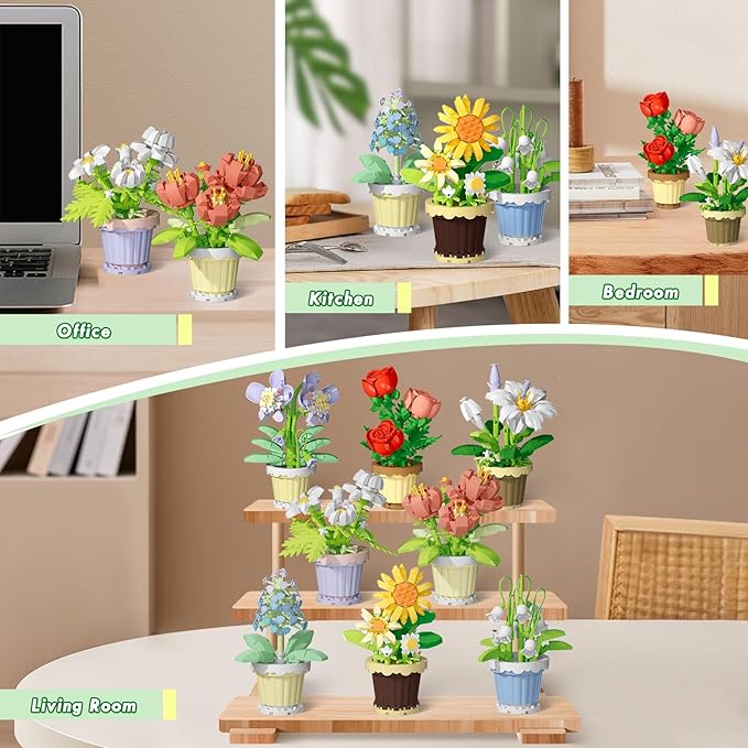 POKONBOY 8 Pack Flowers and Plants Building Set, Mini Bonsai Building Toy Blocks for Kids Adults, Botanical Collection Home Decor Gifts for Birthday Christmas Aged 8 and Up