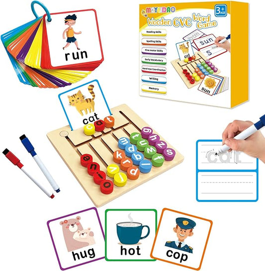 Wooden CVC Word Spelling Games, Matching Letter Games Phonics Board Flashcards Alphabet Puzzle, Preschool Learning Activities Montessori Educational Toys Gifts for Ages 3 4 5 6 Kids Toddlers