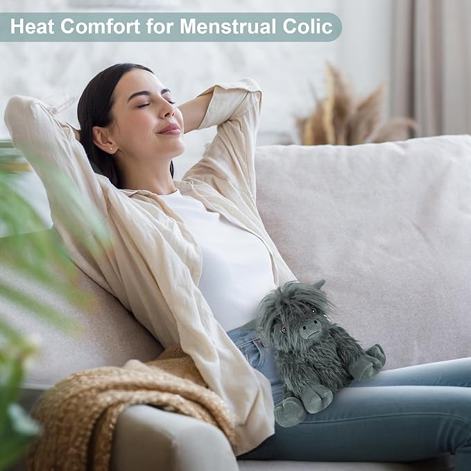 Heatable & Coolable Highland Cow Stuffed Animal, Microwavable Heating Pad for Soothing & Relaxation, Black Cattle Plushies for Stress Relief, Lavender Scented Stuffed Cow Gifts