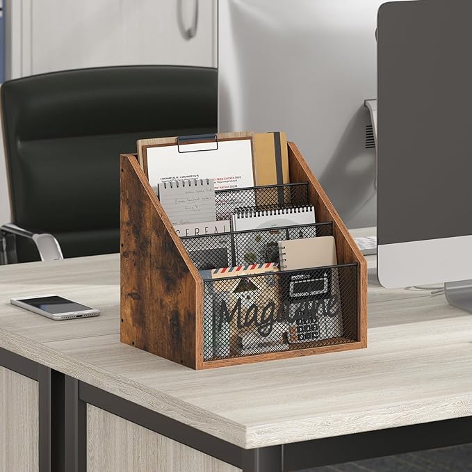 YATINEY Magazine Holder, Wood Magazine Rack Floor, Mail Organizer Countertop, Magazine Mail Holder Sorter, Record Holder for Magazines, Books, Newspapers, Tablets, Rustic Brown and Black MR02BR