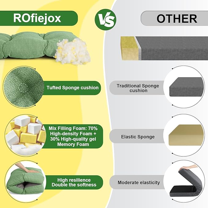 Waterproof Bench Cushion 36 Inch - Oliven Fabric, High-Density Foam, Non-Slip Bottom, Soft Durable Outdoor Tufted Long Seat Cushion for Window Garden Furniture (Green, 36x14x4 Inch)