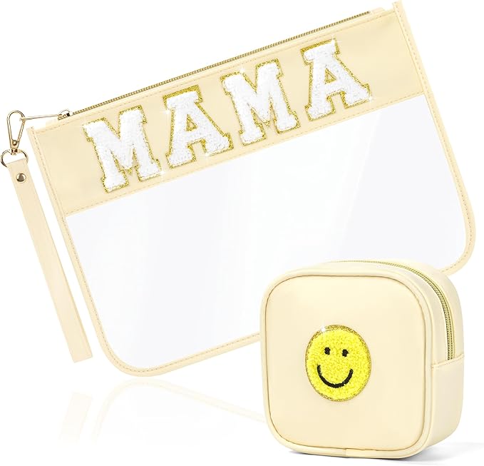 BuyCard 2 Pcs Preppy Patch Clear Mama Bag, Women Chenille Letter Makeup Cosmetic Bag for Travel, PVC Waterproof Organization Outdoor Zipper Pouch Toiletry Bag for Women Girl