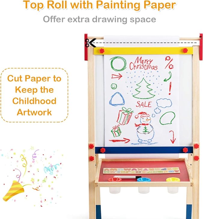 Costzon 3 in 1 Kids Art Easel with Paper Roll, Double Sided Dry Erase Chalkboard & Whiteboard, Height Adjustable Standing Easel with Storage, Painting Accessories, Magnetic Drawing Easel for Toddlers