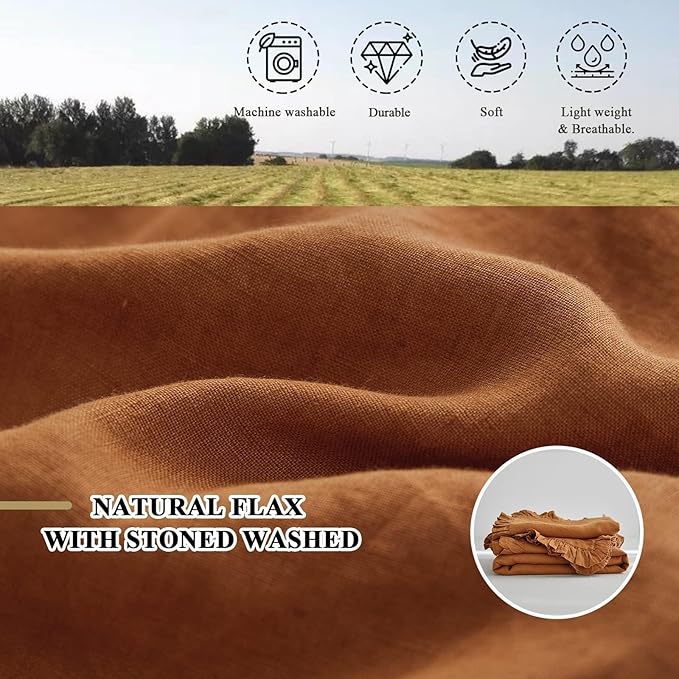 Simple&Opulence 100% Linen Duvet Cover Set, 3 PCS Natural French Flax Rust Ruffle Duvet Cover Queen Size, Breathable Comfy Linen Bedding Comforter Cover with 2 Pillowcases (Rust, 88" X 92")