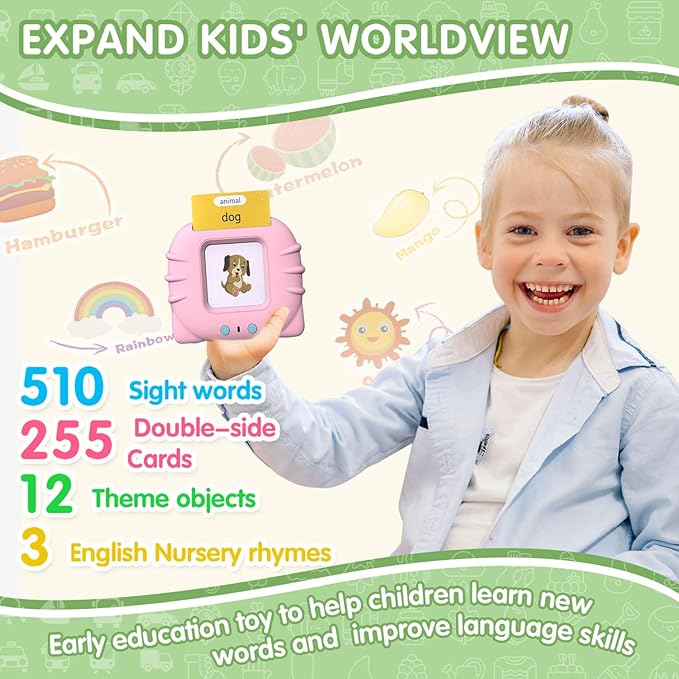 Talking Flash Cards for Toddler 510 Sight Words Early Educational Montessori Toys, Autism Sensory Toys Speech Therapy Toys for Boys Girls Gift Preschool Learning Resource (Pink_255 Cards)