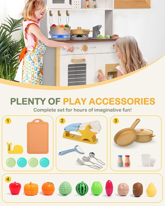 Babytronic Kids Play Kitchen, Wooden Kitchen Playset for Kids Ages 3+ with Real Lights, Sounds, Stove, Sink, Oven, and 30 Pcs Accessories, Toys Kitchen Small Pretend Play Kitchen for Toddlers (White)