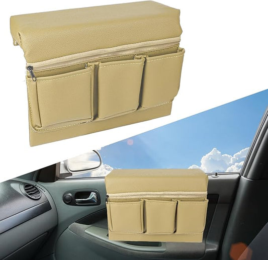 wuyaoyao Car Window Armrest Storage Box, Leather Automotive Door Side Storage Bag & Elbow Rest Pad, Multifunctional Vehicle Door Arm Rest Pad with Pockets, Universal Interior Car Accessories (Beige)