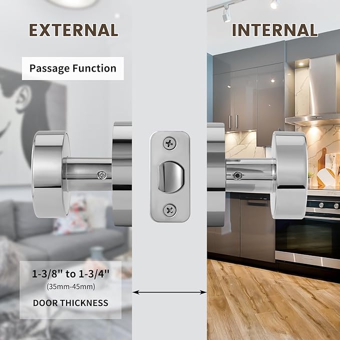 Passage Door Knobs Interior, Polished Chrome Door Knob for Closet, Modern Round Passage Door Handles for Hallway