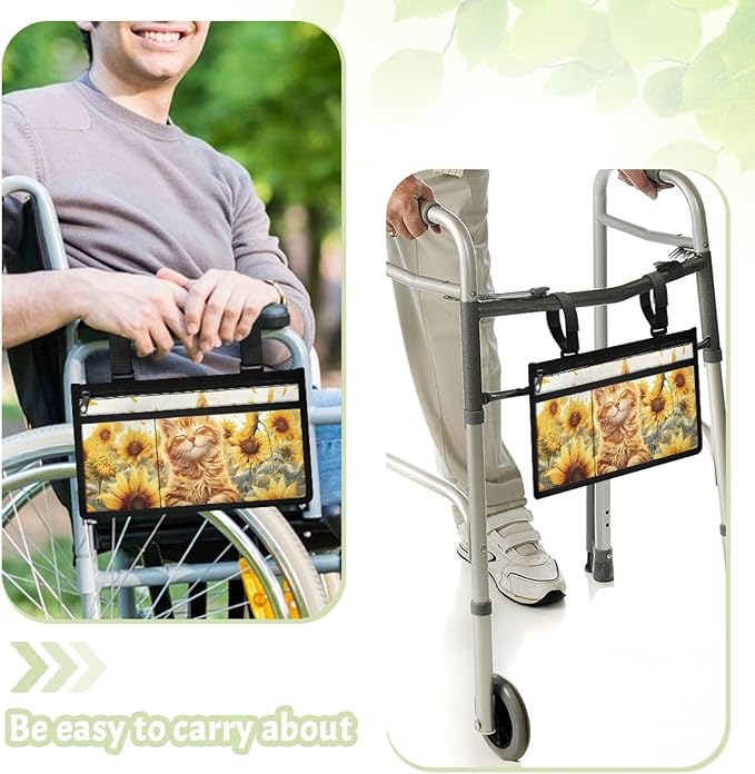 ZOUTAIRONG Sunflower Kitten Wheelchair Bag Side Arm Bag Walker Accessories Armrest Organizer Storage Pouches Walker Bag for Electric Wheel Chair Walkers Adults, Seniors