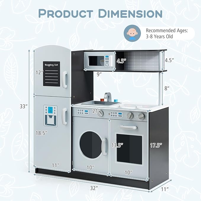 Costzon Kids Kitchen Playset, Wooden Pretend Play Toy Set with Realistic Sound, Microwave, Oven, Washing Machine, Refrigerator, Sink, Play Kitchen for Toddlers, Gift for Boys Girls Age 3+