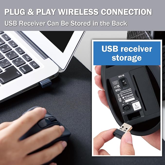 ELECOM Wireless Ergonomic Shape Mouse, 2.4GHz with Mini USB Receiver, Silent Click, Right Hand 2000DPI, 5 Buttons, Optocal Sensor, Compatible with PC, Mac, Laptop, EX-G, Lsize Black (M-XGL30DBSKBK)