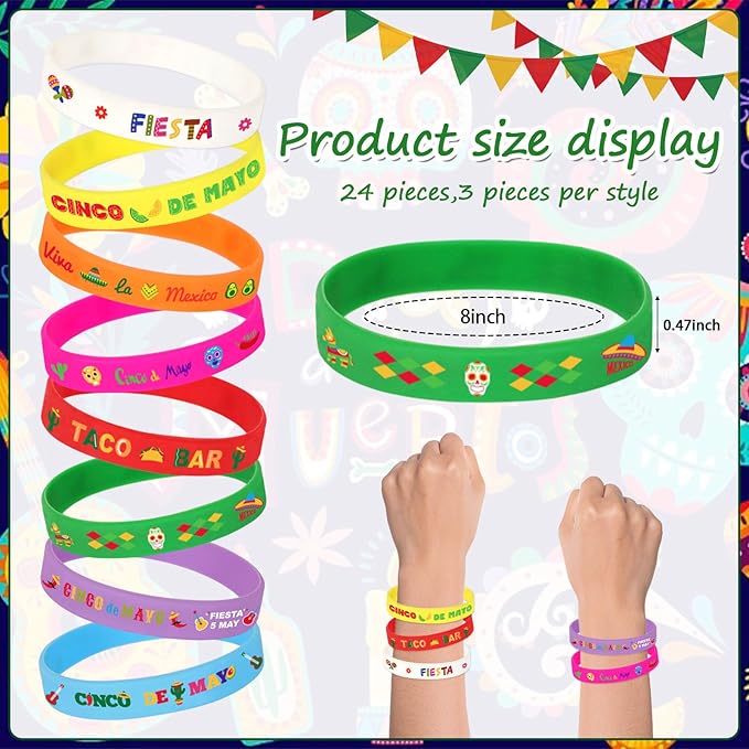 JUNEBRUSHS 24pcs Mexican Fiesta Party Favors Silicone Bracelets Cactus Guitar Hat Rubber Wristbands for Fiesta Mexican Birthday Party Decorations Gift Goodie Bag Stuffers(8 Designs)