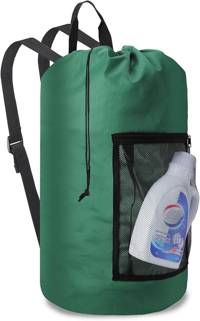 Femuar Laundry Bag Backpack Durable Laundry Bag with Shoulder Straps and Mesh Pockets Portable Laundry Dirty Clothes Hamper Bag for College Dorm (Green)