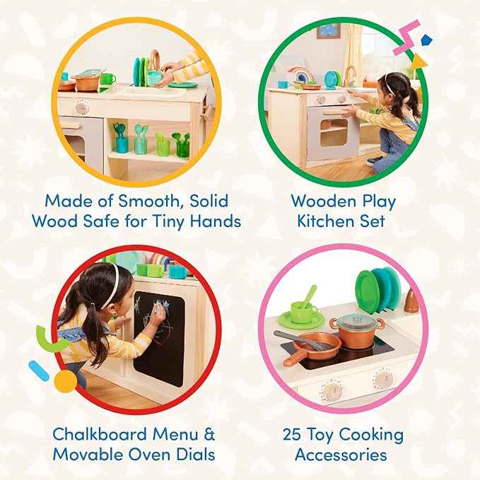 Battat – Play Kitchen & Market – Toddler-Friendly Size – Chalkboard Menu & Oven Dials – 25 Toy Cooking Accessories – 2 Years + – Two n' One Cookin' Fun