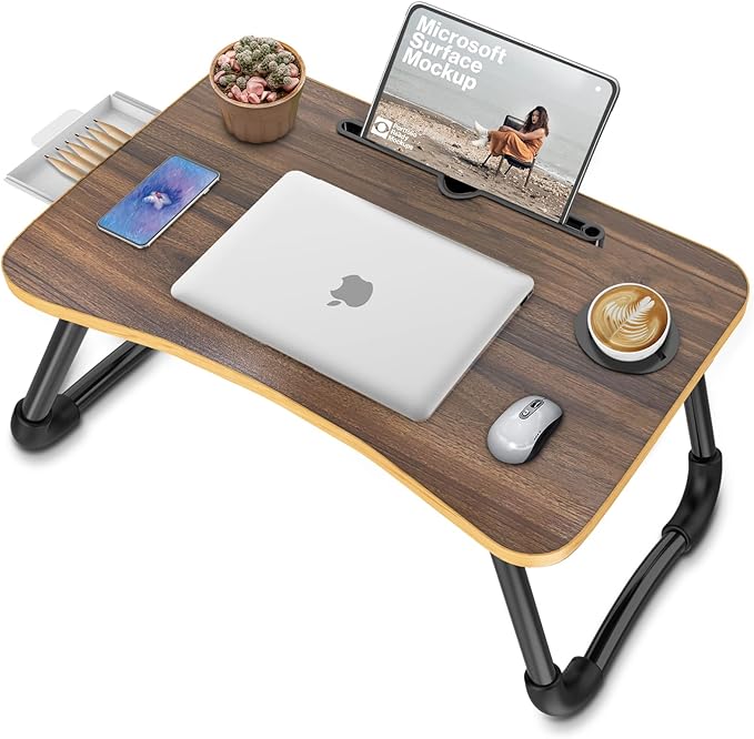 Zapuno Foldable Laptop Bed Table Multi-Function Lap Bed Tray Table with Storage Drawer and Water Bottle Holder, Serving Tray Dining Table with Slot for Eating, Working on Bed/Couch/Sofa