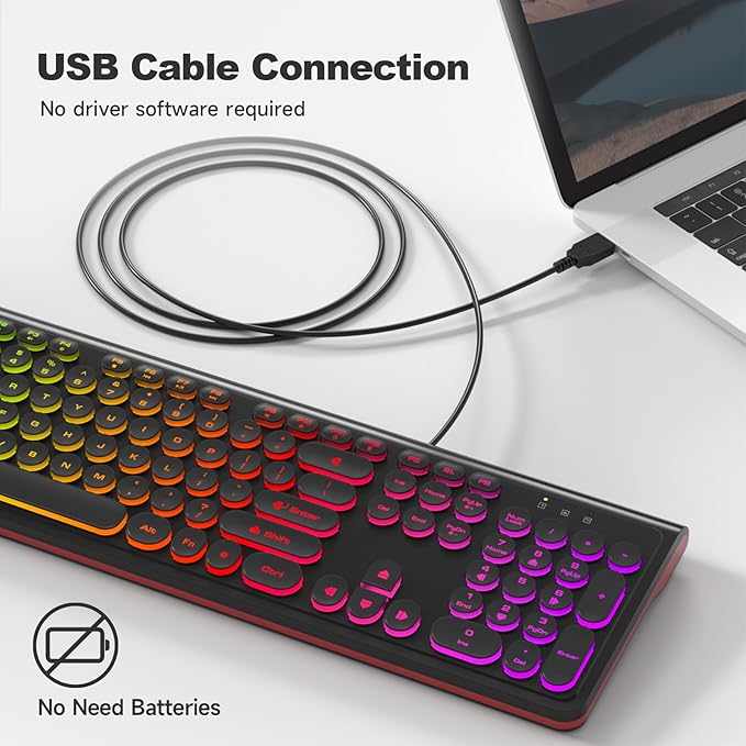 USB Wired Keyboard with Backlit 7-Colors, Full Size Keyboard with Retro Keycaps, Numeric Keypad and Media Hotkey for Computer Desktop PC Laptop and Windows 7 8 10 11