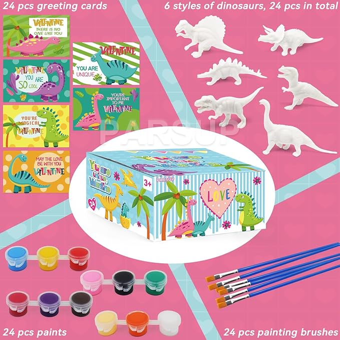24PCS Valentines Day Cards for Kids with Dinosaur Painting Kit for Kids, Valentines Greeting Cards for School Classroom Exchange Gifts, Happy Valentines Day Arts and Crafts Party Favor Supplies