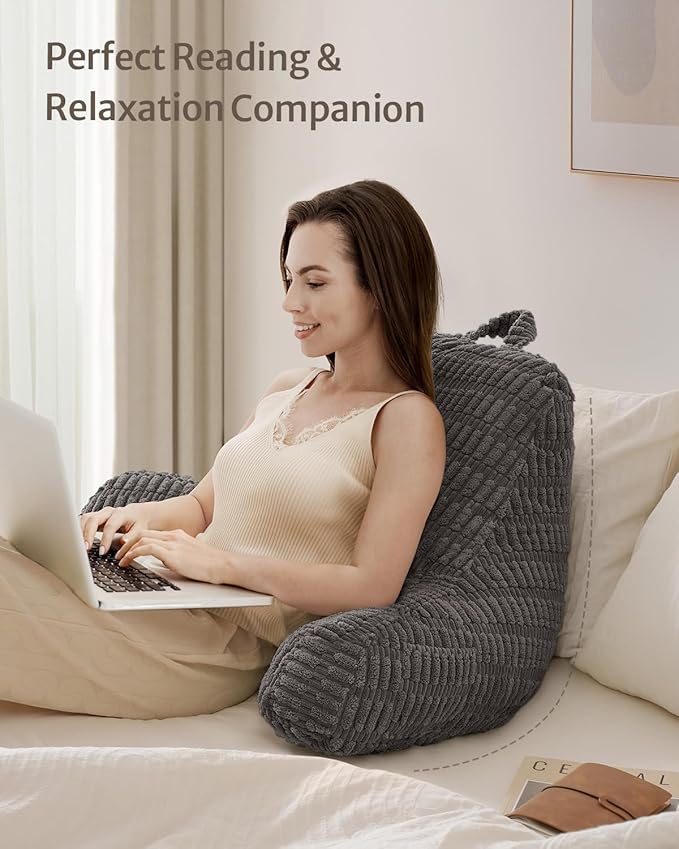 Blissful Diary Reading Pillow, Large Backrest Pillow with Shredded Memory Foam for Adult & Children, Designed for Bed and Couch Sitting Up, Includes Arms, Pockets and Washable Cover, Dark Gray