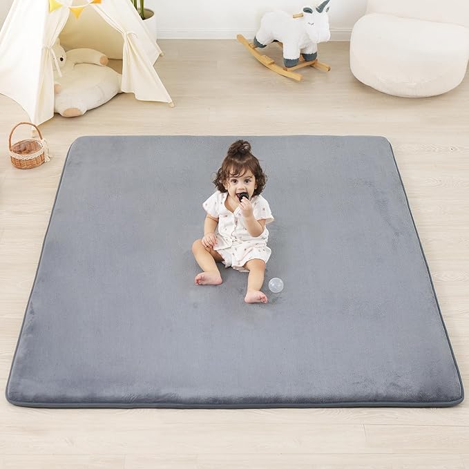 1.3" Thick Baby Floor Play Mat 50x74, Basic Padded Foam Mat for Tummy Time Crawling, Non Slip Cushioned for Babies Toddlers Infants Kids (Light Grey)