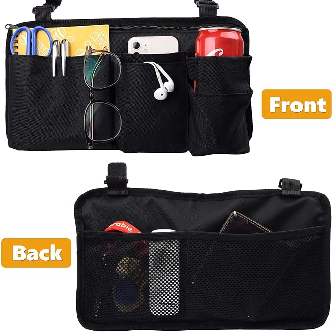 Wheelchair Side Bag with Cup Holder,Wheelchair Armrest Accessories Storage Pouch for Rollator，Walker，Power Wheelchairs，Nylon Walker Side Bag, Black